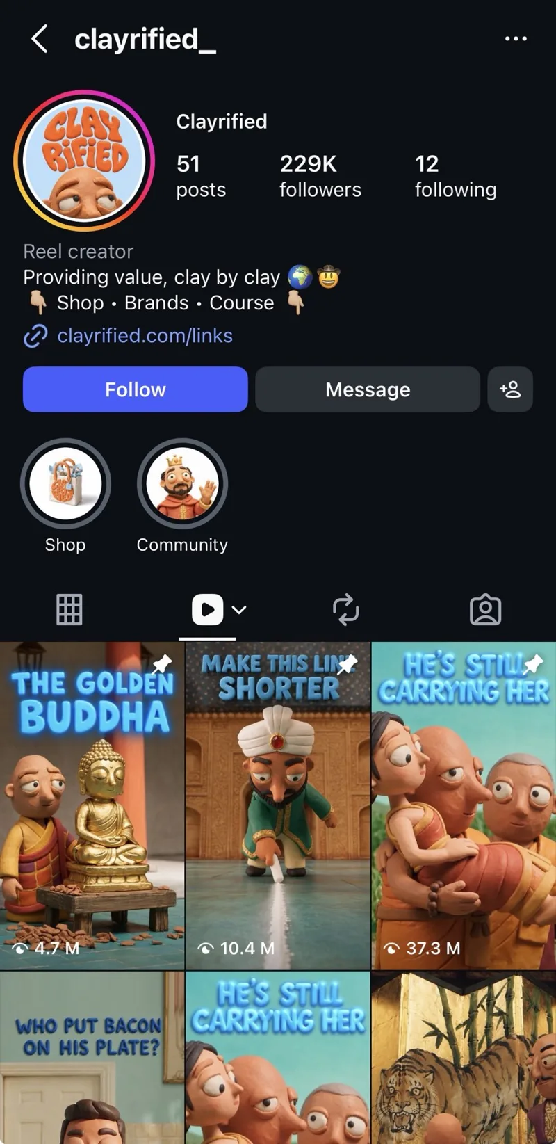 Source image for Retell old parables as AI claymation reels: 229K followers off 51 posts
