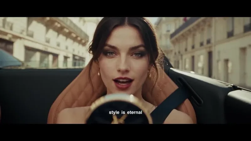 The woman holds the open compact and speaks to camera