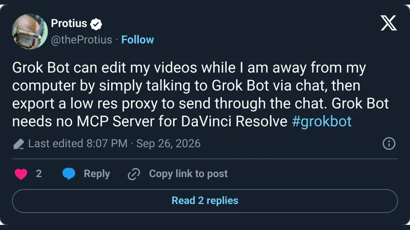 Source image for Grok Bot edits your DaVinci Resolve videos while you are away