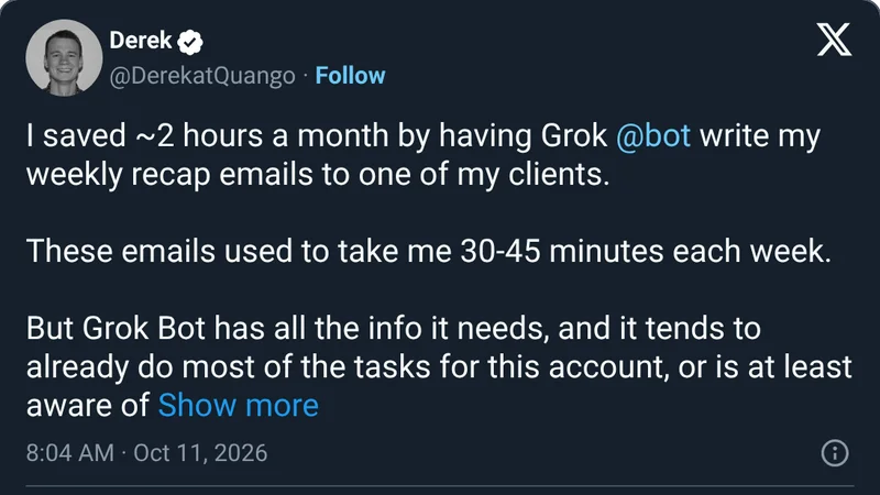 Source image for Grok Bot writes weekly client recap emails: about 2 hours saved a month