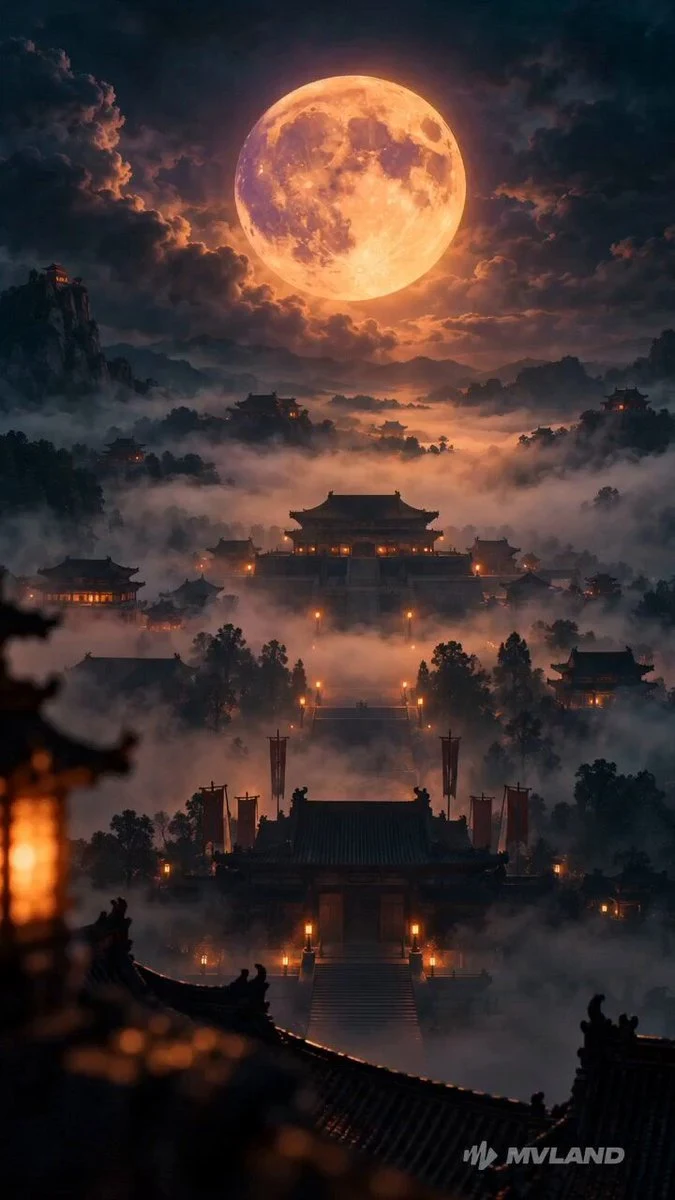 Full moon over misty rooftops, the opening of the Midnight Witch AI Halloween music video