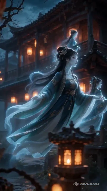 A ghostly witch in flowing robes beside a glowing lantern