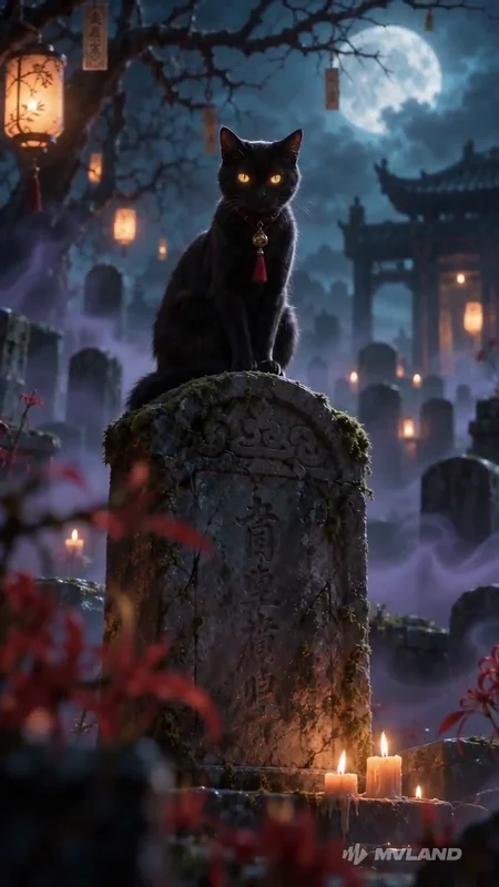 A black cat with glowing eyes on a gravestone under the moon