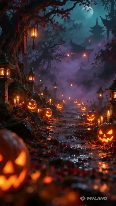 A path of glowing jack-o-lanterns through a misty village