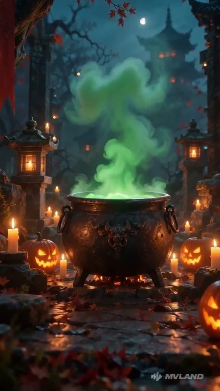 A bubbling green cauldron among candles and jack-o-lanterns