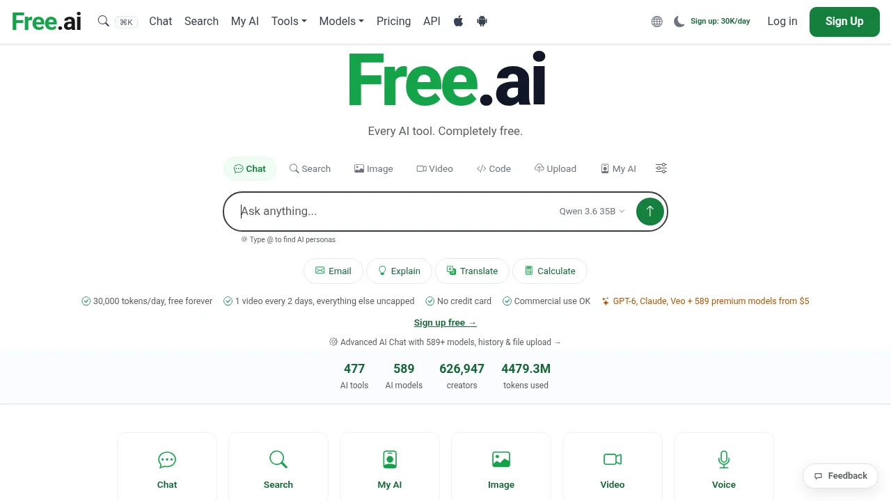 Free.ai homepage showing 477 AI tools and 589 AI models