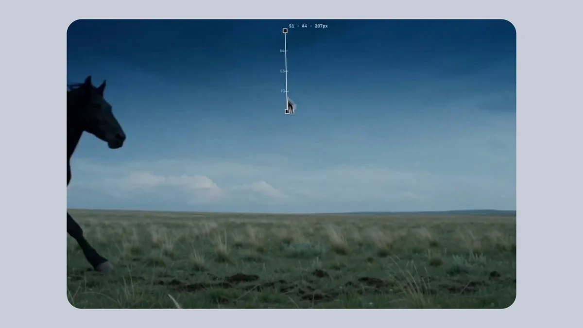A horse running across a field with a musical note line drawn over the video