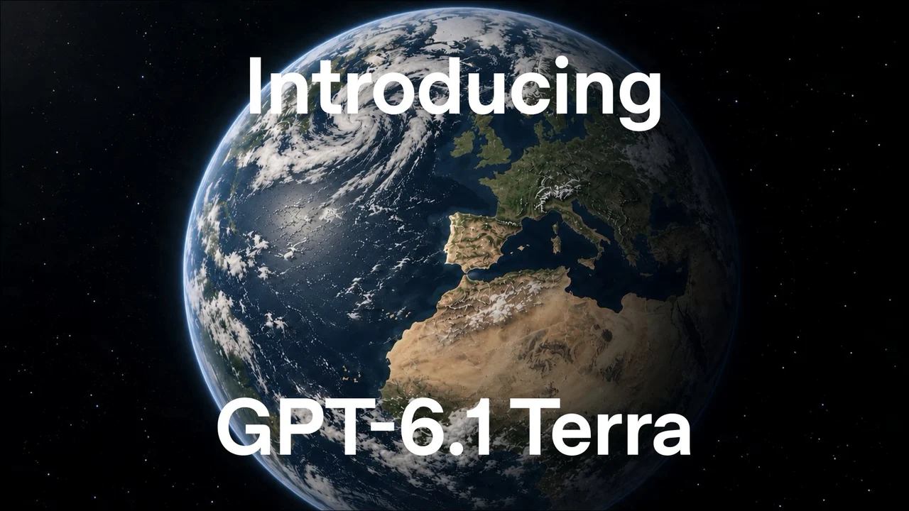 Introducing GPT-6.1 Terra title over Earth, from the OpenAI launch video