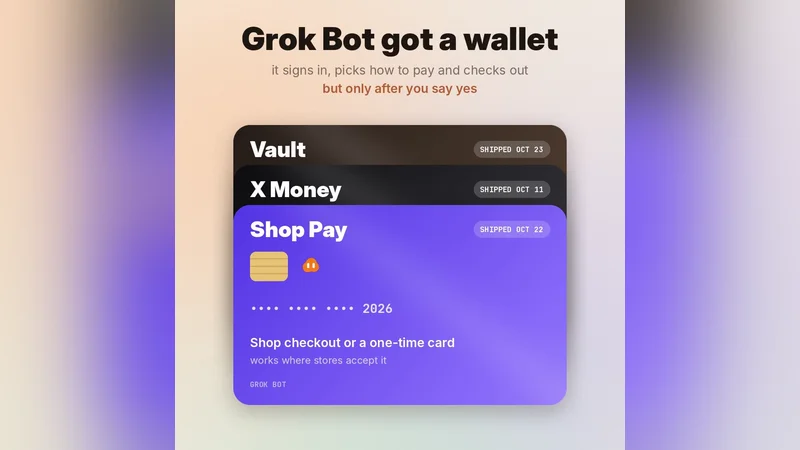 Grok Bot wallet cards for Vault, X Money and Shop Pay