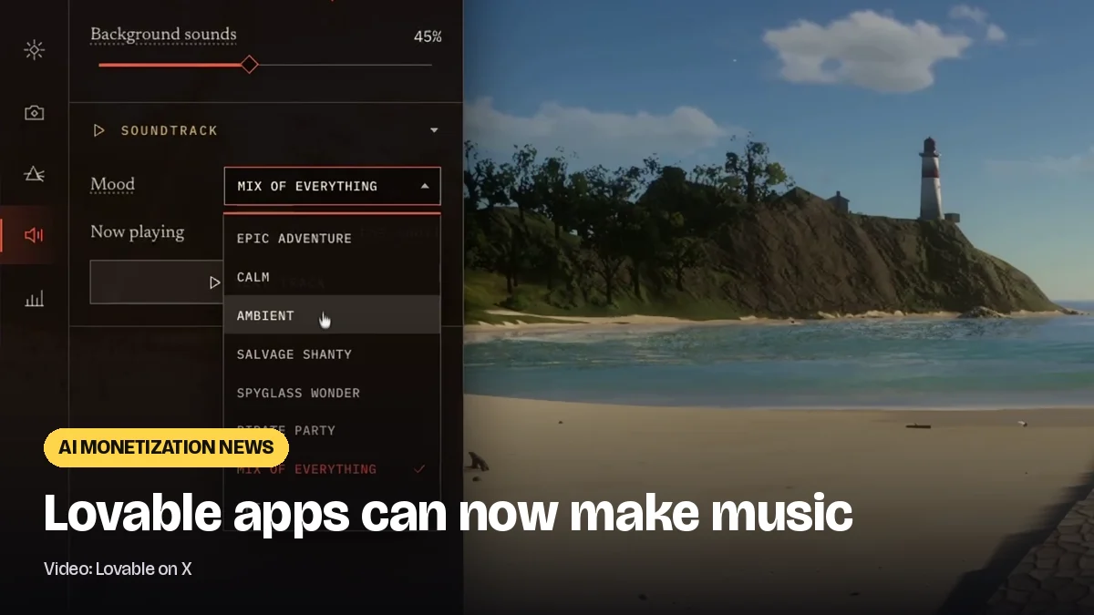 Frame from the Lovable video: a beach game with a soundtrack menu listing moods like Epic Adventure, Calm and Ambient