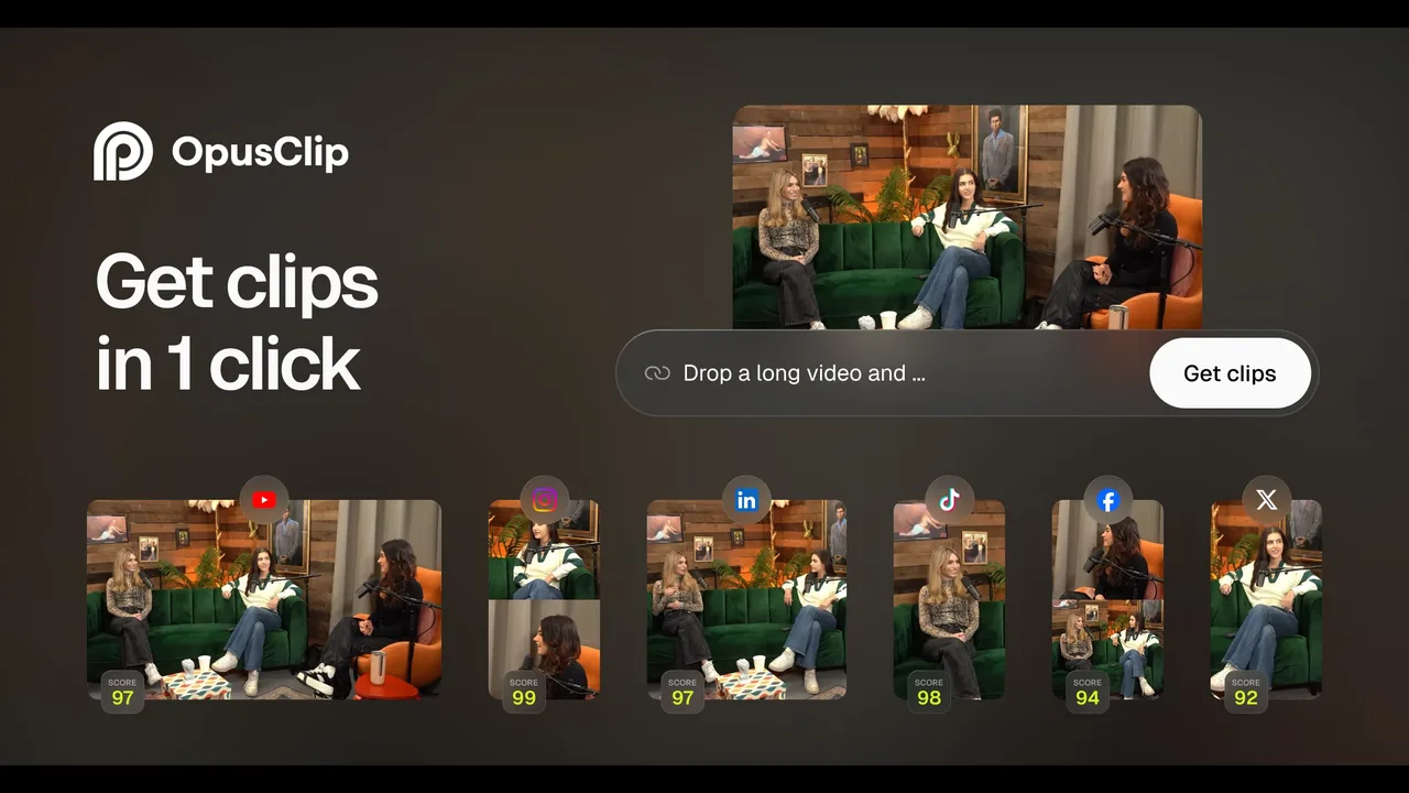 OpusClip clip editor with clips for YouTube, Instagram, LinkedIn, TikTok, Facebook and X