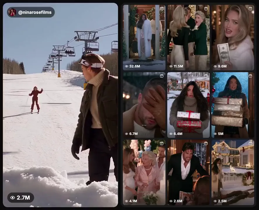 Source image for Make cinematic AI romance mini-movies: @ninarosefilms, 100K followers and a top reel at 32.6M views (as shown in a clip on X)
