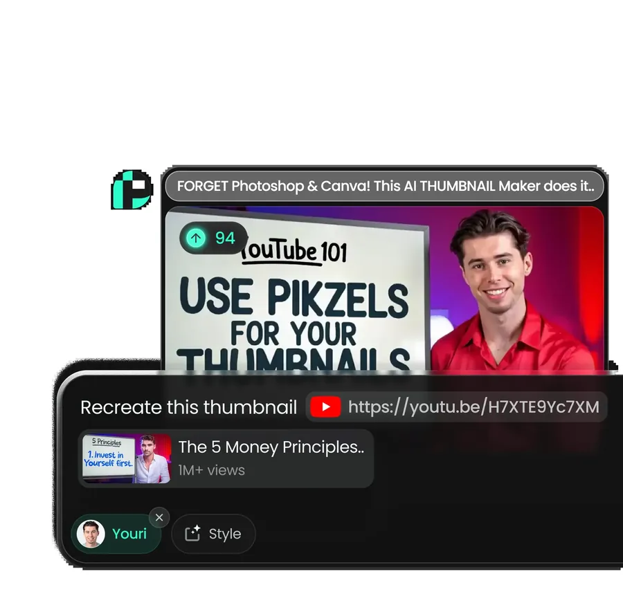 Pikzels Recreate: paste a YouTube link and remake its thumbnail