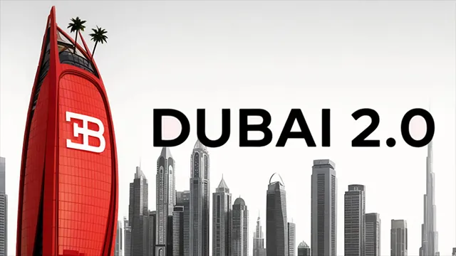 From the Pikzels gallery: a red tower over a skyline, Dubai 2.0
