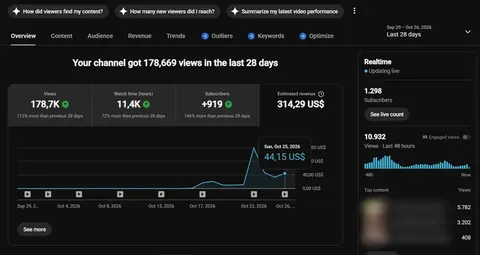 Monetize a faceless documentary channel in 28 days: 178K views, $314