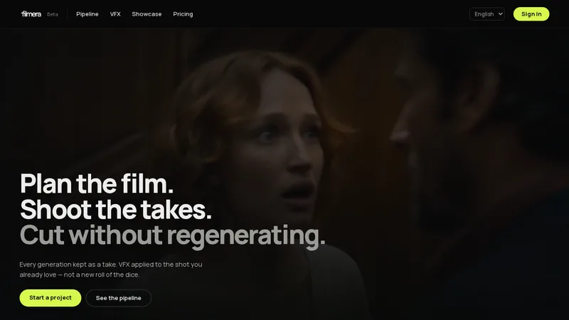 Filmera homepage: plan the film, shoot the takes, cut without regenerating