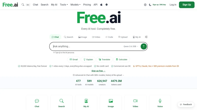 Free.ai homepage: 477 AI tools, 589 AI models