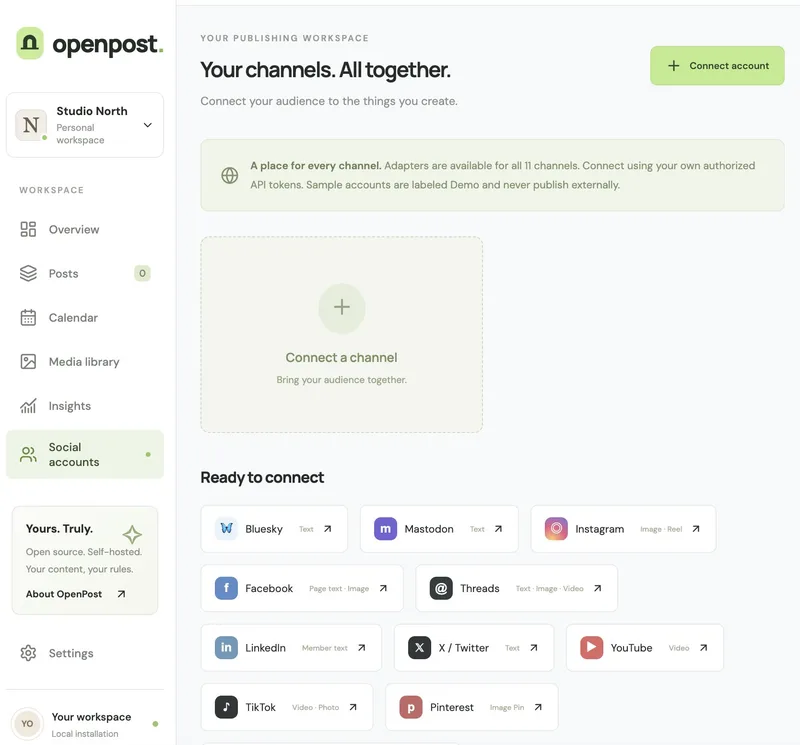 Open Post workspace: connect Bluesky, Mastodon, Instagram, Facebook, Threads, LinkedIn, X, YouTube, TikTok and Pinterest