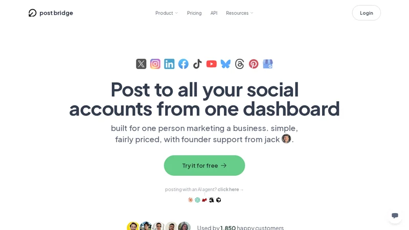 Post Bridge homepage: post to all your social accounts from one dashboard