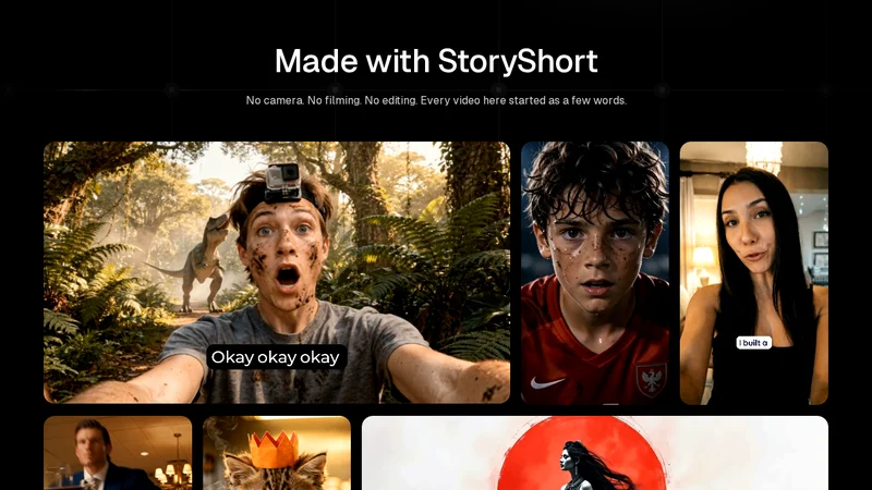 Videos made with StoryShort: a jungle selfie with a dinosaur, a football player and a talking presenter