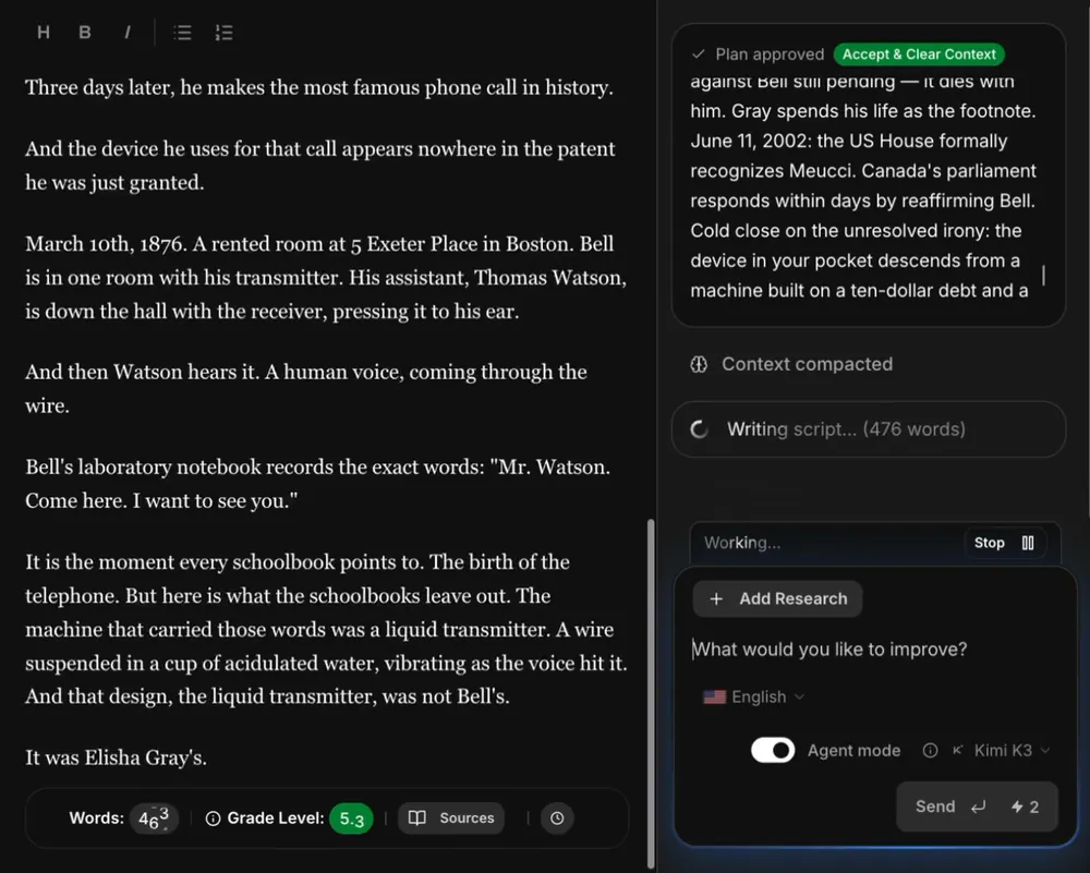 The TubeLab AI Scriptwriter drafting a documentary script