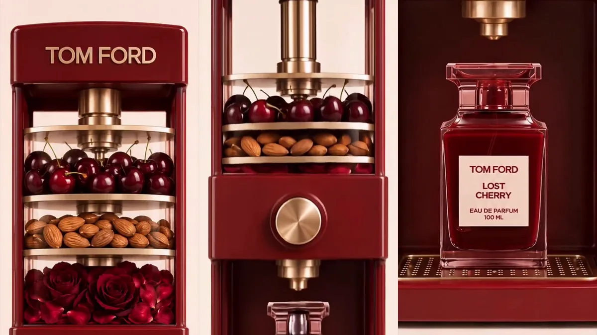 Source image for Make an ingredient production line ad: @valka_ai's Lost Cherry perfume machine, 6.5M views as stated on X