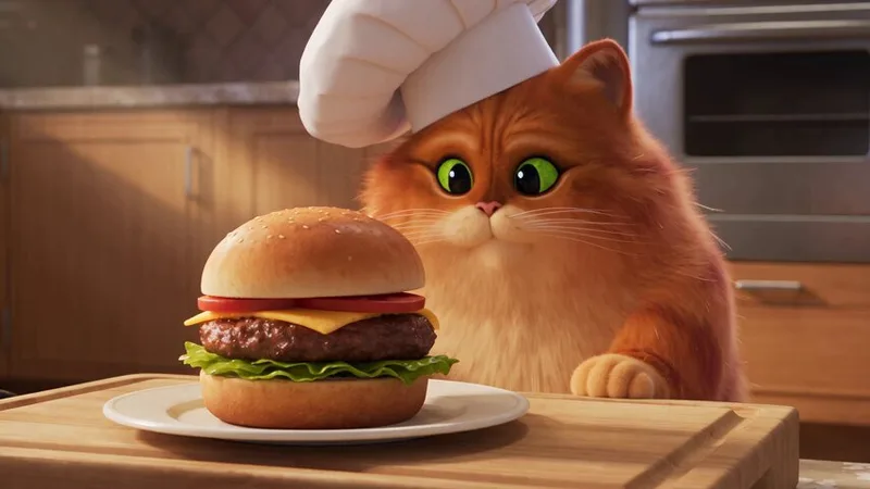 Hungry cat vs giant burger