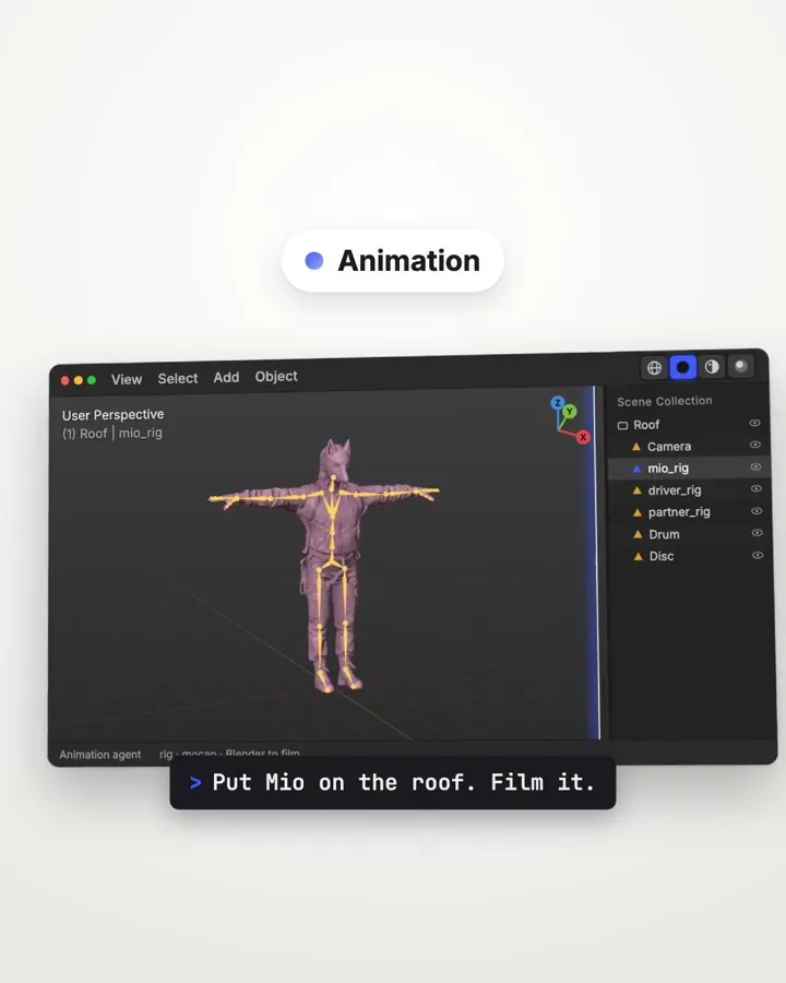3D OS Animation department: a rigged character in a 3D viewport