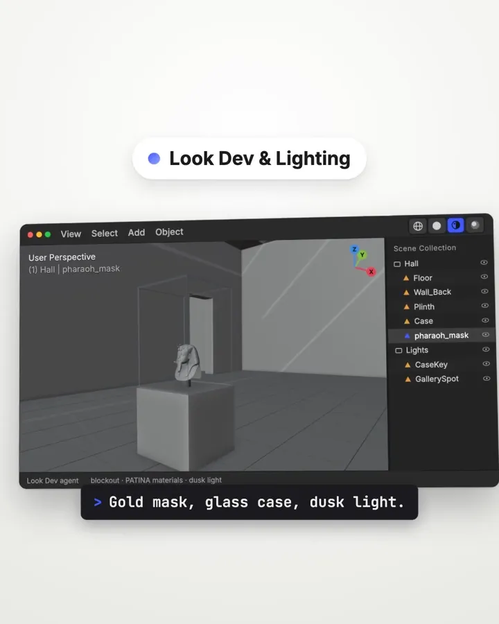3D OS Look Dev and Lighting: a gold mask in a glass case at dusk