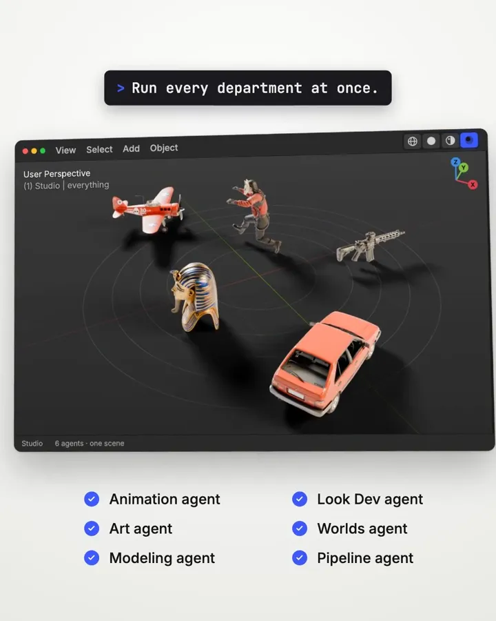 3D OS runs every department at once: props, vehicle and character in one scene