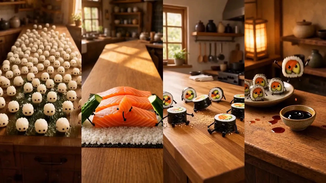 Still from the result video: Cute Sushi Characters Assemble Themselves