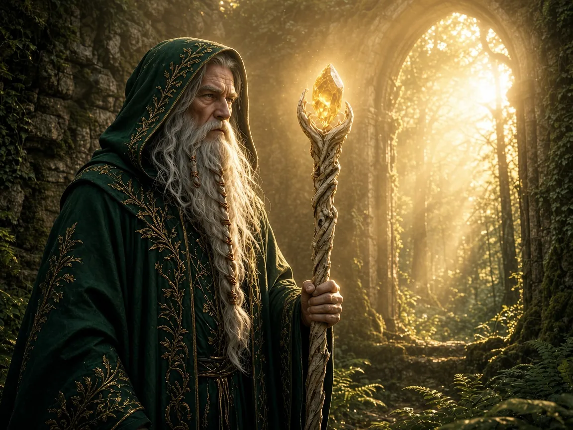 Old wizard with a glowing staff in forest ruins, backlighting