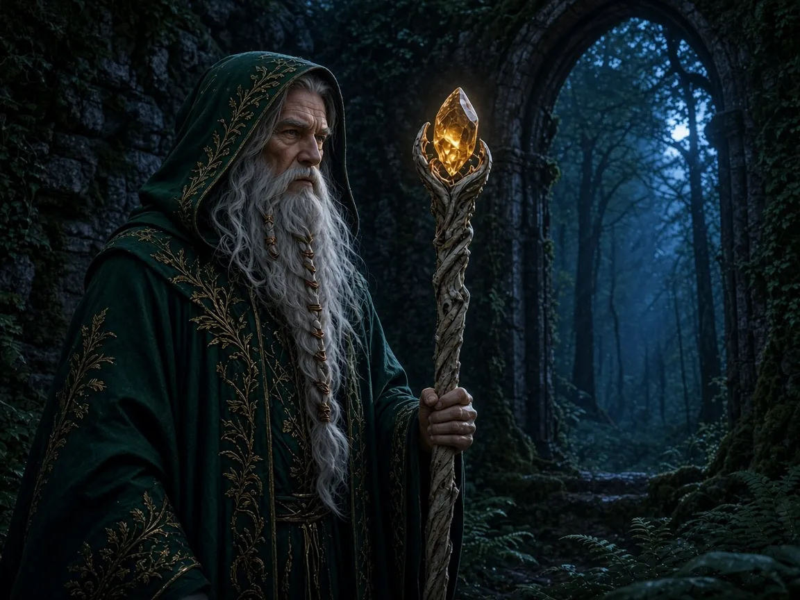 Old wizard with a glowing staff in forest ruins, blue hour