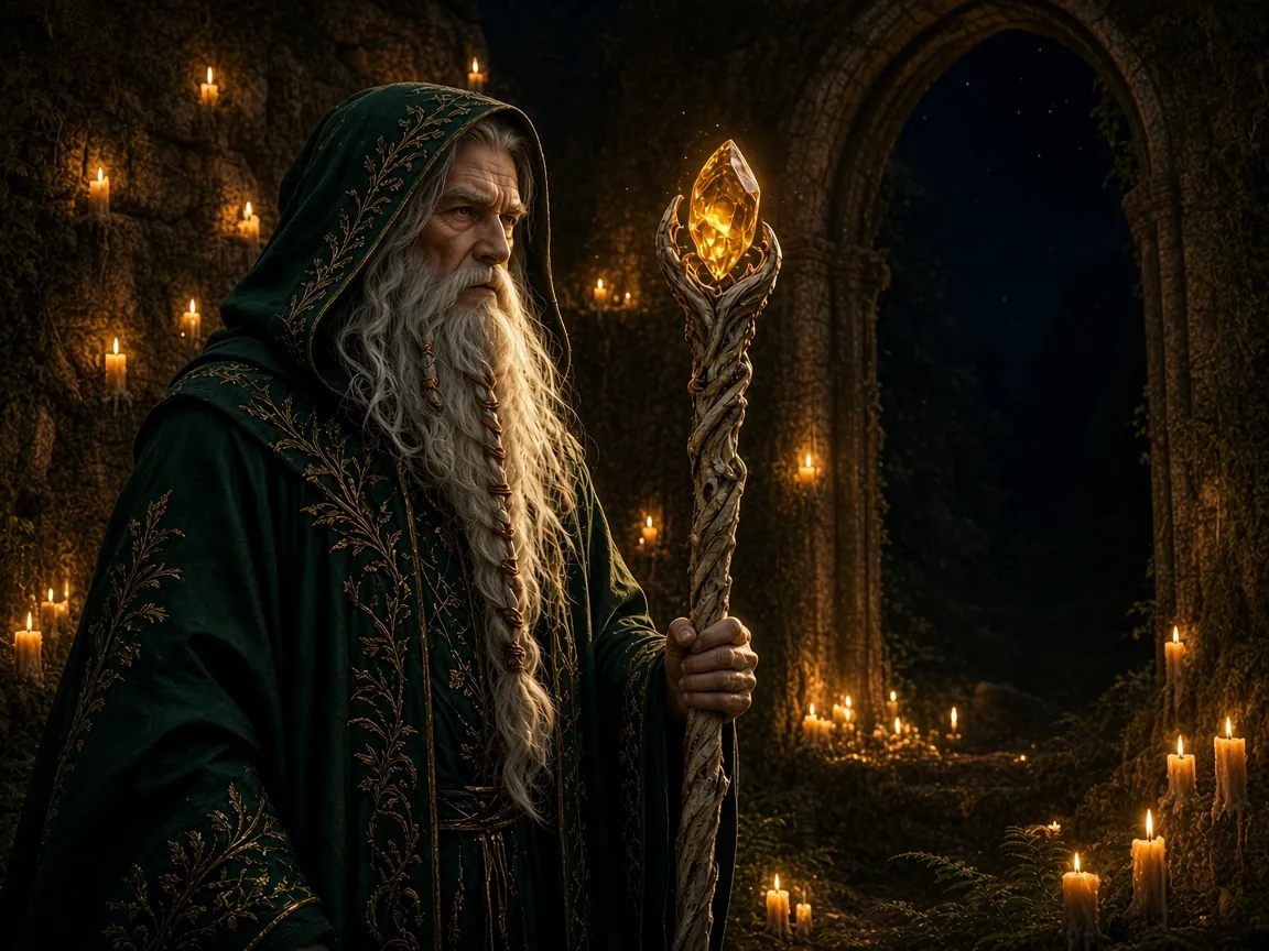 Old wizard with a glowing staff in forest ruins, candlelight