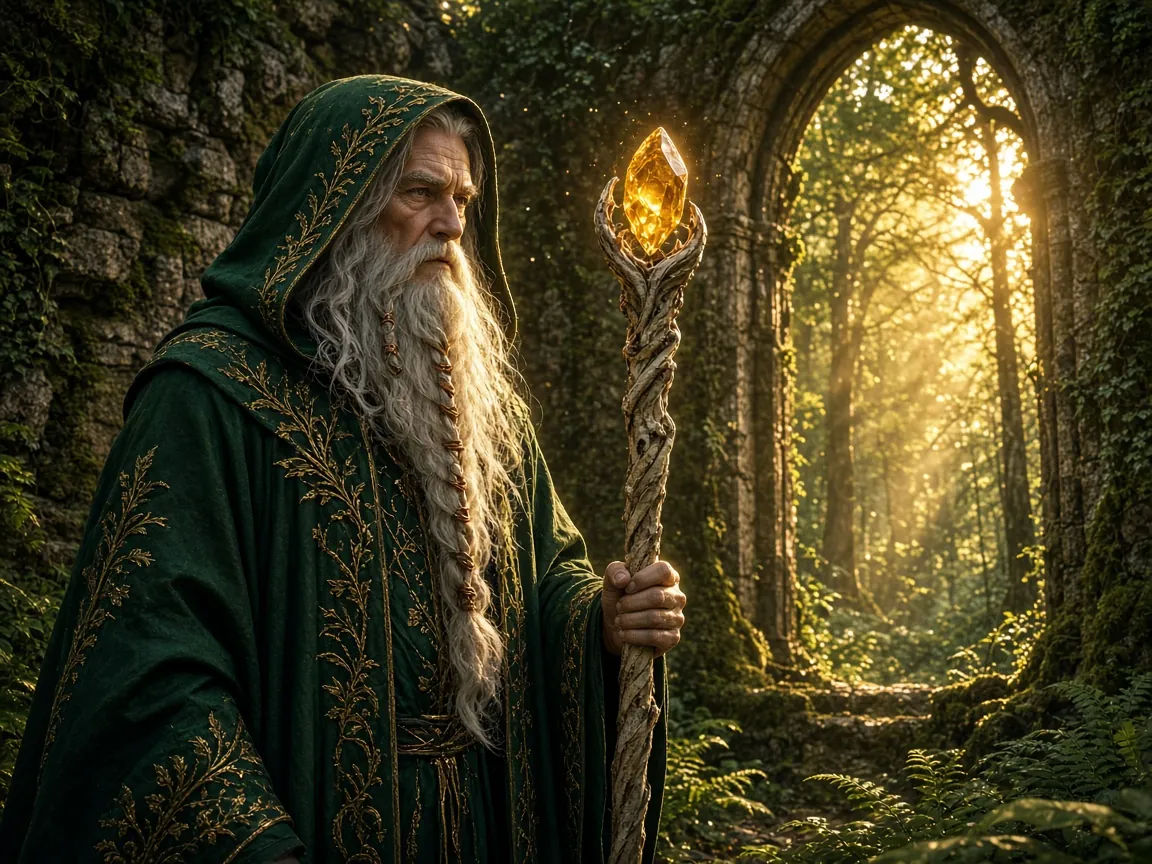 Old wizard with a glowing staff in forest ruins, golden hour