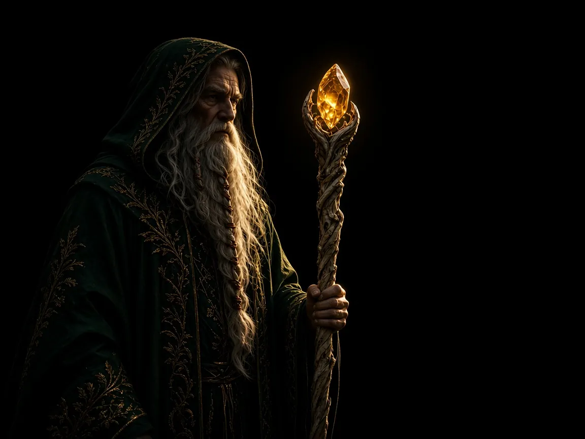 Old wizard with a glowing staff in forest ruins, low-key