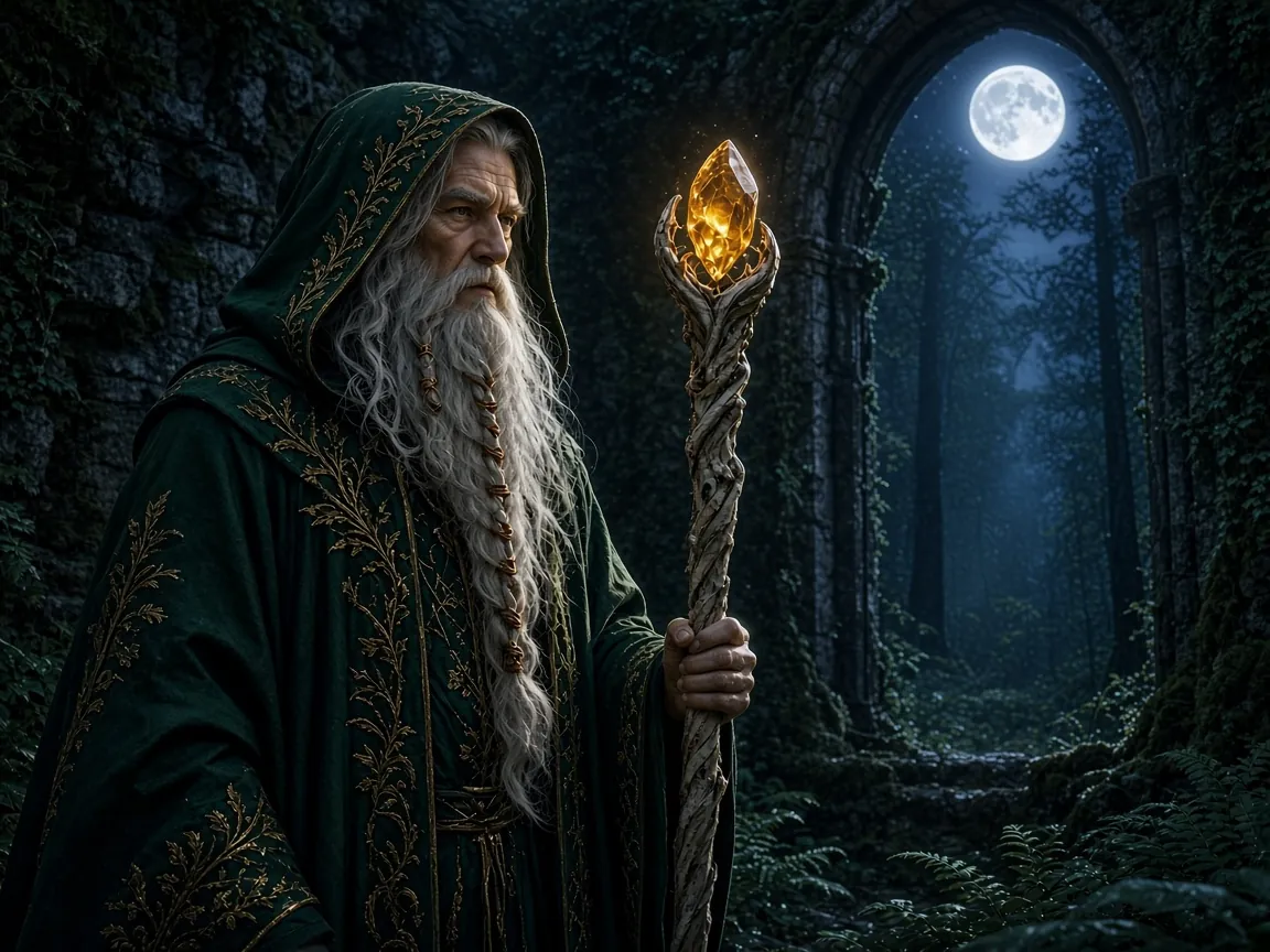 Old wizard with a glowing staff in forest ruins, moonlight