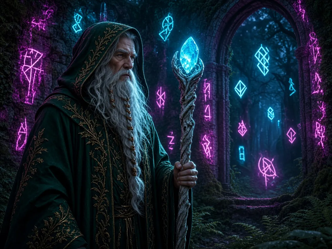 Old wizard with a glowing staff in forest ruins, neon