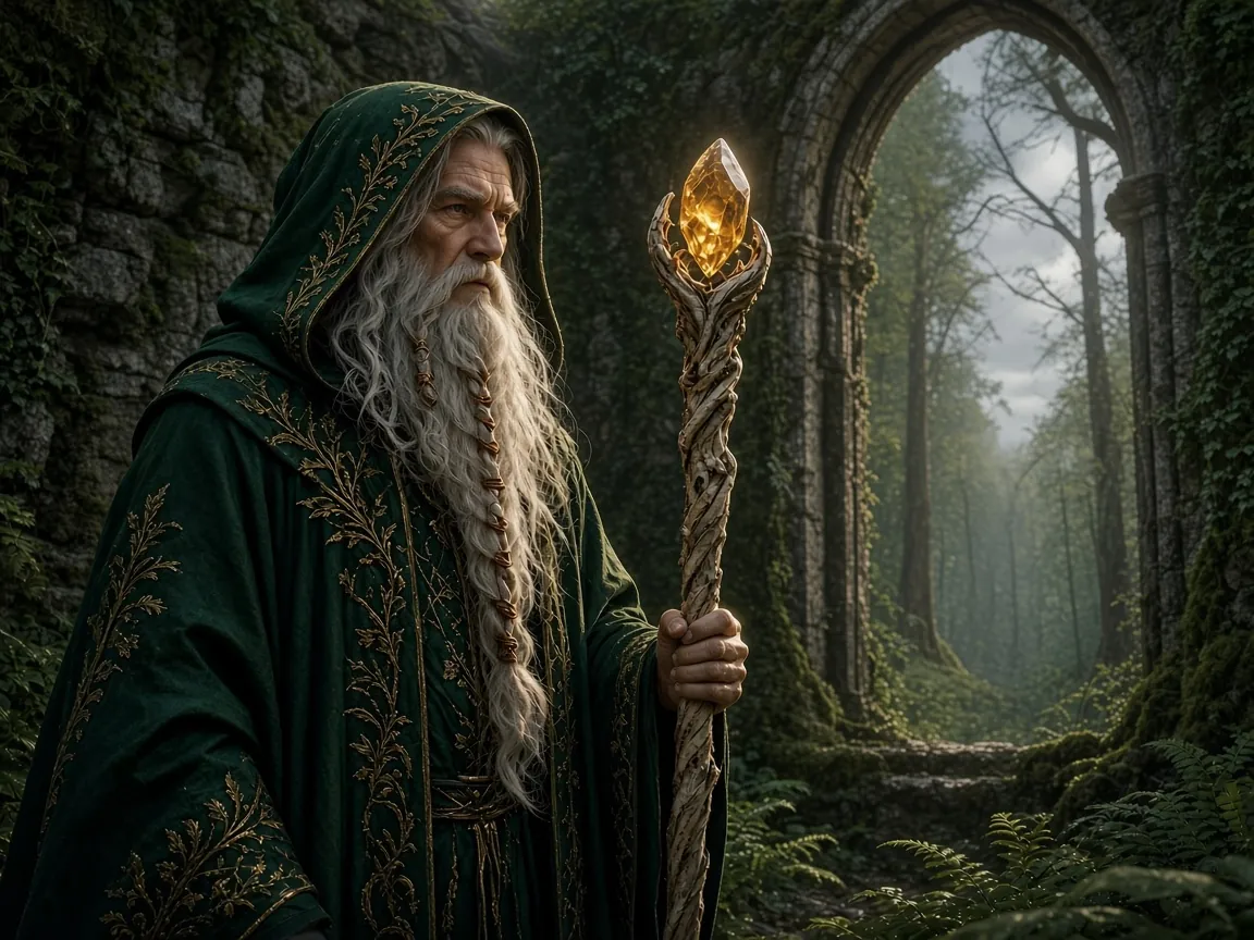 Old wizard with a glowing staff in forest ruins, window light