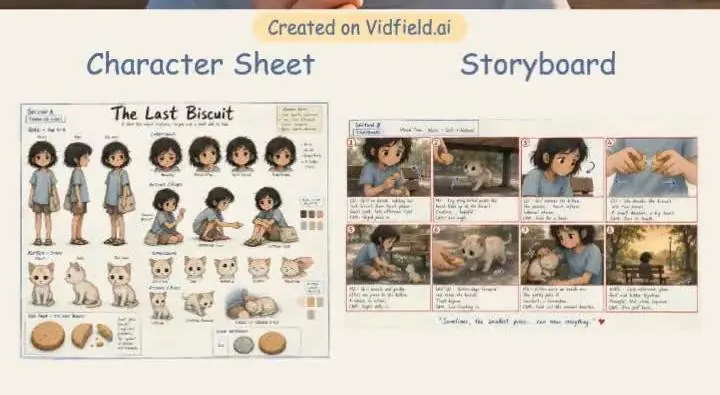 The result image: Character Sheet + Storyboard Board (The Last Biscuit)