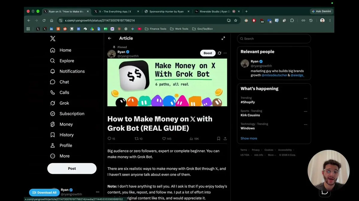 Ryan walking through his Grok Bot money guide on video