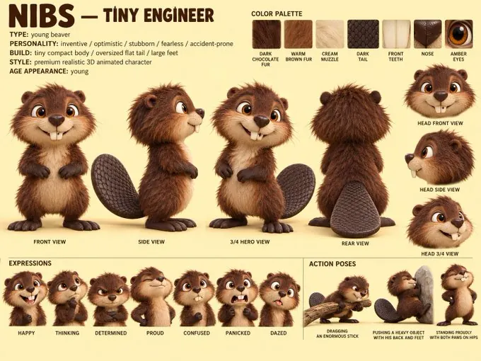The result image: 3D Character Model Sheet (Nibs the Beaver)