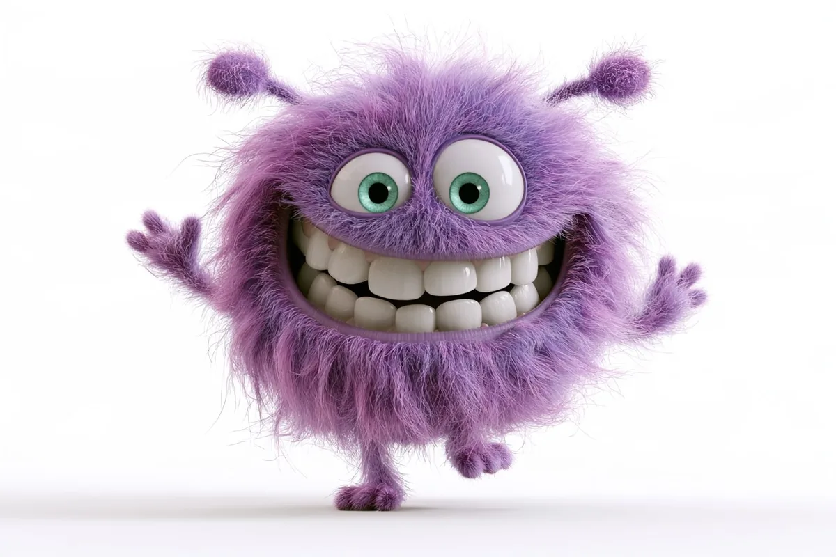 A purple fluffy monster with antennae, waving and mid-step