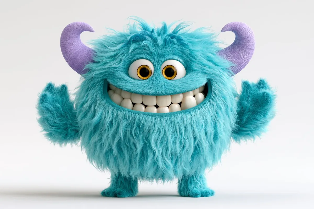 A teal fluffy monster with purple horns and arms raised
