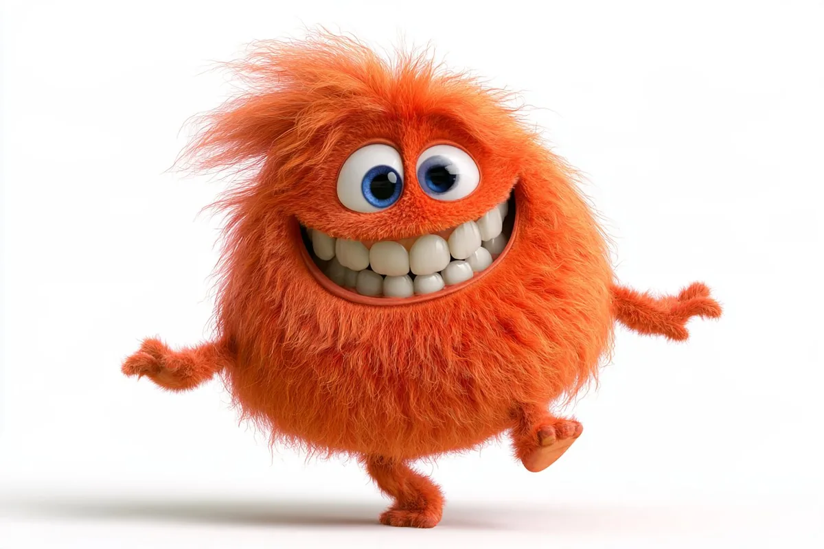 An orange round fluffy monster dancing on one leg