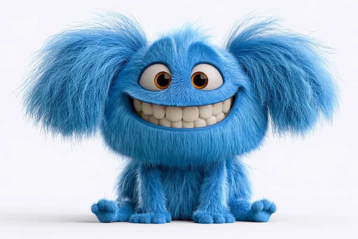 A blue fluffy monster with big floppy ears, sitting and smiling