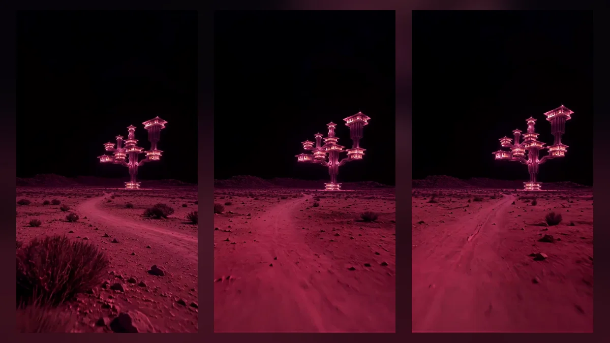 The result image: Neon Pagoda Tree in a Red Alien Desert: Sci-Fi Video Prompt