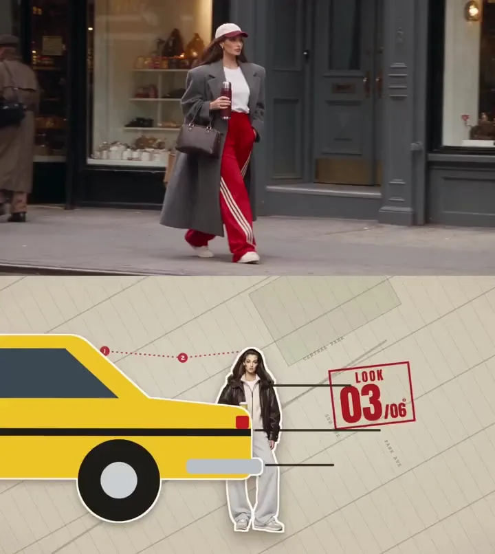 AI fashion model in a grey coat and red track pants walking past a NYC shop, from the lookbook by @ivanka_humeniuk
