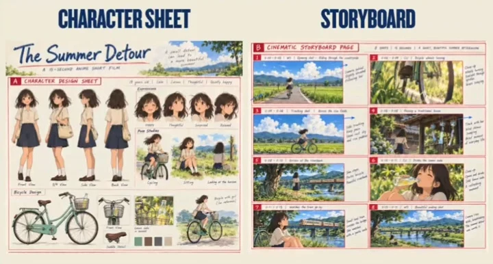 The Summer Detour character sheet and 8 frame storyboard made with GPT Image 2.5