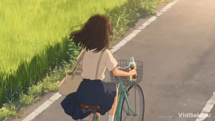 Anime girl cycling past green rice fields with a lemon soda in her basket, from The Summer Detour by @HeyAbhishek